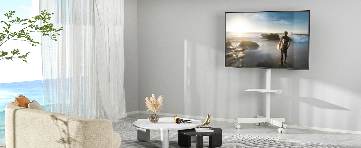 Rolling TV Stand with Wheels - Adjustable Height Mobile TV Trolley for 27-60 inch TVs - VESA 400x400 - 40kg Capacity - White