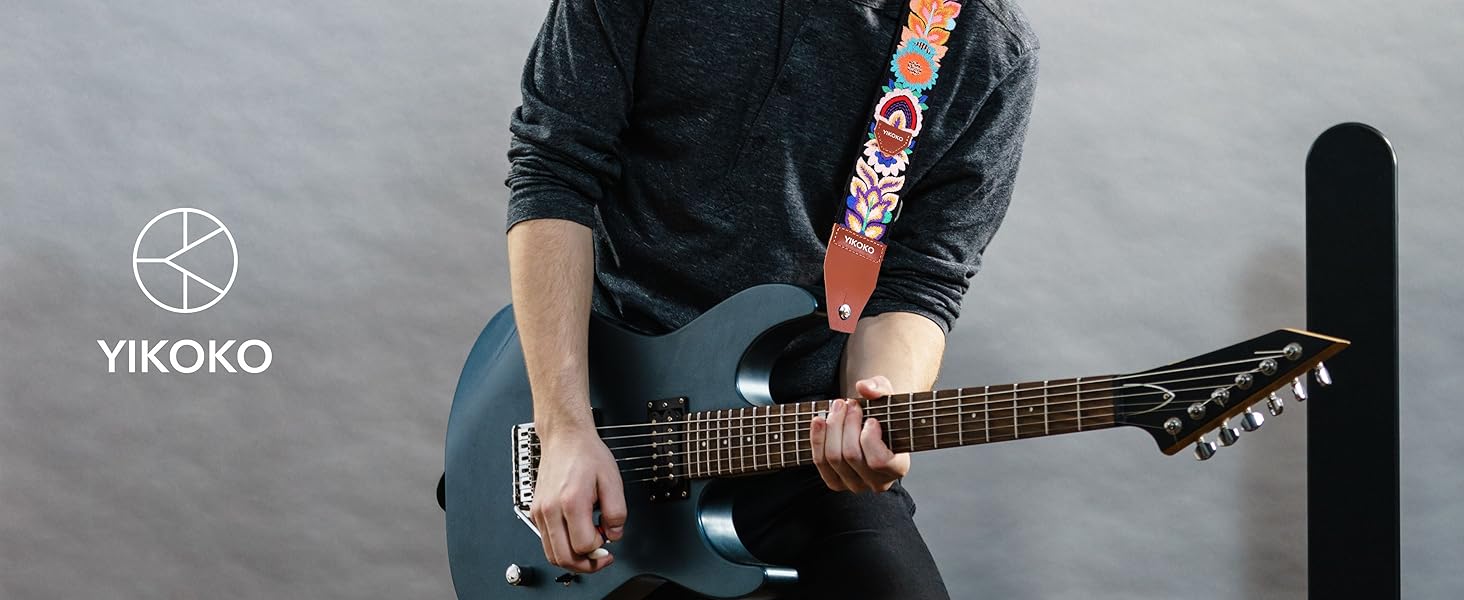 Гітарний ремінь 5,1 см з бавовни з шкіряними кінцями для бас-гітари, електрогітари та акустичної гітари (Квітка, кольорова 03)