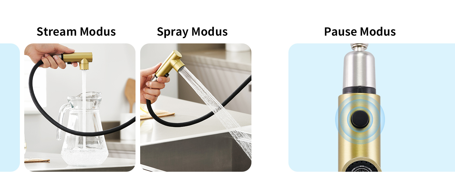 Кран кухонний CREA з 3 функціями: душ, висувний вилив, поворот 360°, матове золото (щітковане)