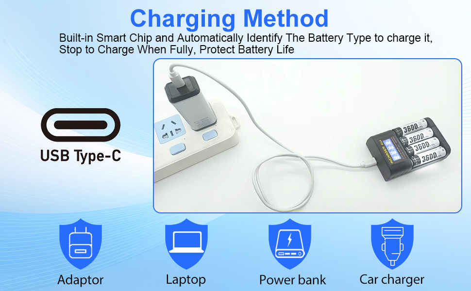 Зарядний пристрій для акумуляторів AA/AAA AICARGER з LCD дисплеєм, 4 слоти, 5V/2A, USB-C, 4 x AA 3600mAh в комплекті