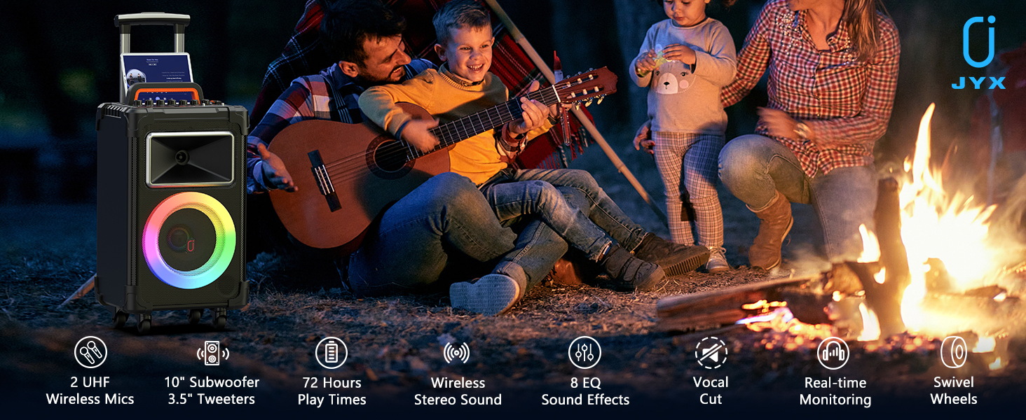 Караоке система JYX з 2 бездротовими мікрофонами, великим гучномовцем, Bluetooth, колесами та диско-світлом, сабвуфером PA, підтримкою TWS/USB/SD/AUX/Rec (Чорний)