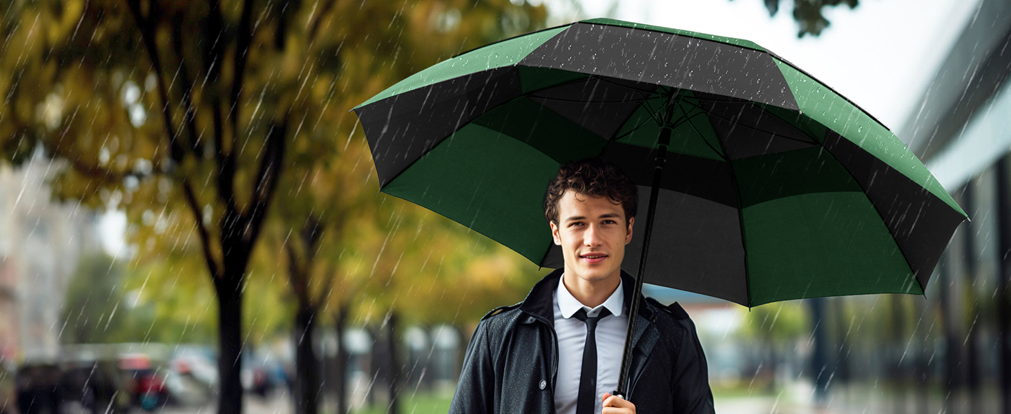 TECKNET Головний парасолька великий XXL, гольф-парасолька 173 см, стійкий до вітру, подвійний купол, вентильований, автоматичне відкриття, ручка EVA, для жінок та чоловіків (чорний та зелений, 150 см)