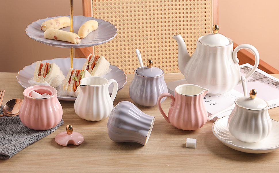 SWEEJAR Royal Ceramic Sugar and Cream Dispenser Set, 3-Piece Set with Cream Pitcher, Sugar Bowl, Sugar Set with Lid and Spoon, Coffee Serving Set, Wedding Gift (white)