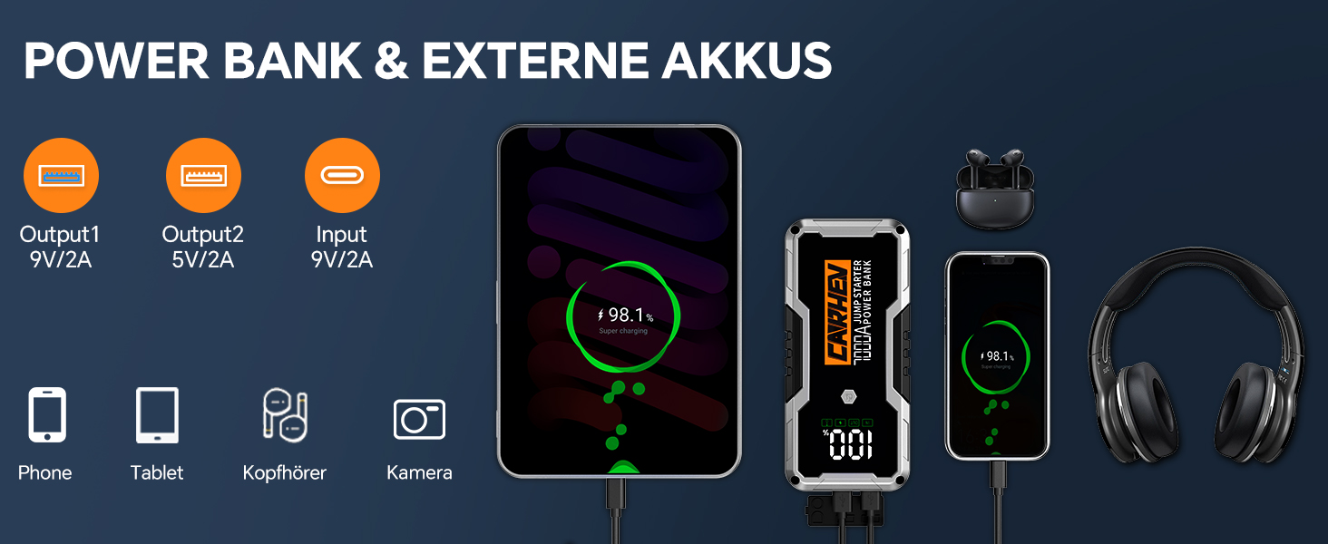 CARHEV 7000A Пусковий пристрій (Powerbank) для автомобіля 12V, для бензину/дизеля, з QC 3.0 USB, LED