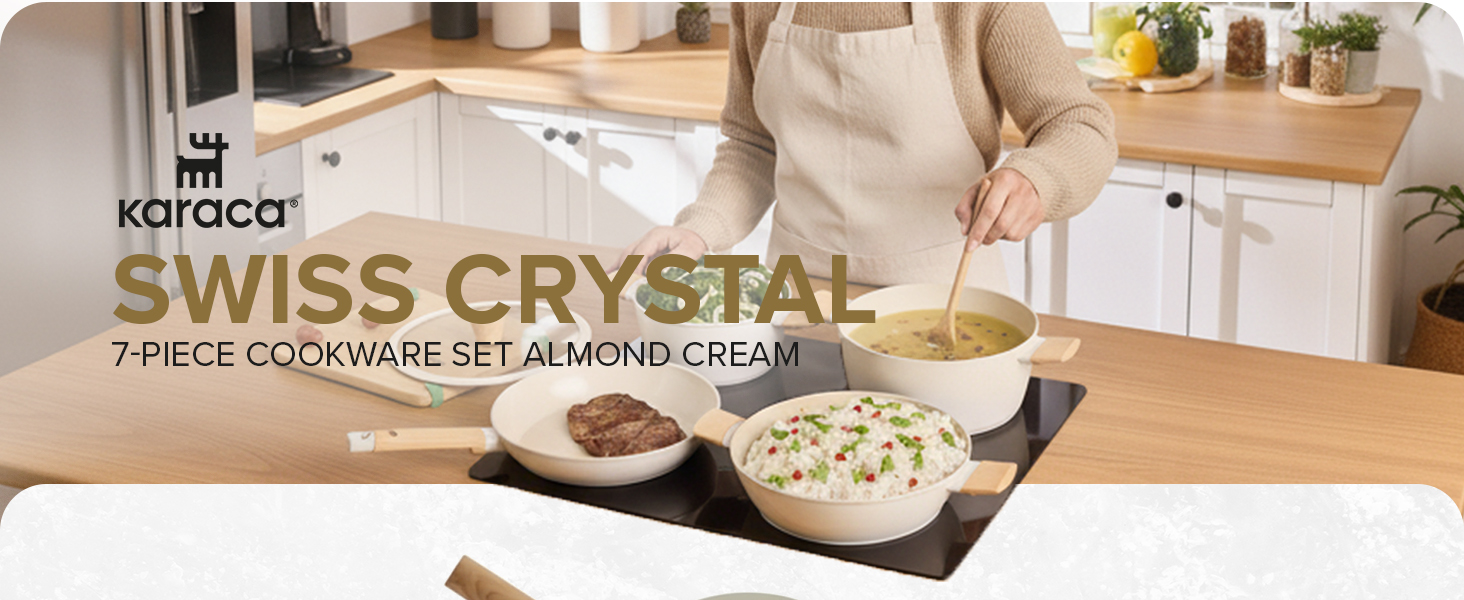 Набір каструль Karaca Swiss Crystal 7 предметів індукційний, кремовий, з антипригарним покриттям SwissCrystal, для здорового приготування без олії