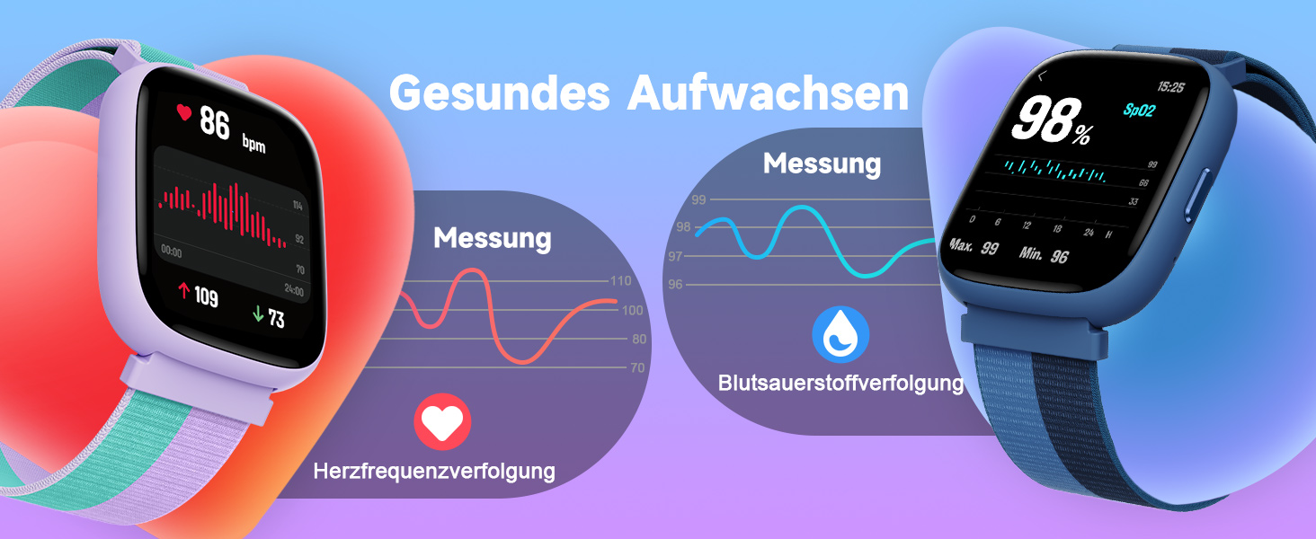 Смарт-годинник BIGGERFIVE для дітей, 1.8' екран, фітнес-трекер з підрахунком кроків, пульсометр, моніторинг сну, будильник, 5 ігор, водонепроникність IP68, ремінець з нейлону блакитного кольору