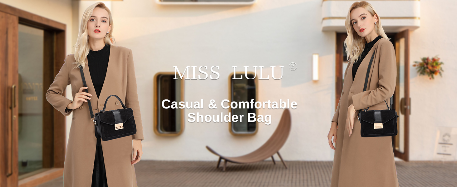 Сумка жіноча Miss Lulu середнього розміру через плече: шкіра та замша, вінтажний стиль, чорний колір