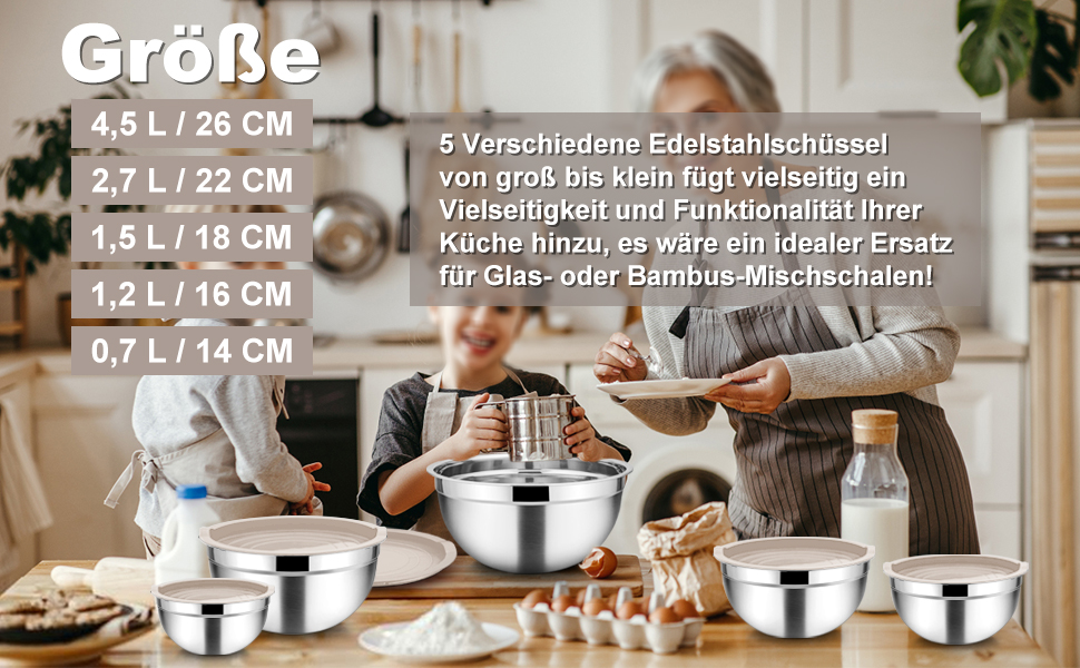 Набір мисок Homikit з нержавіючої сталі, 5 шт. з кришками, 4.5L/2.7L/1.5L/1.2L/0.7L, Khaki