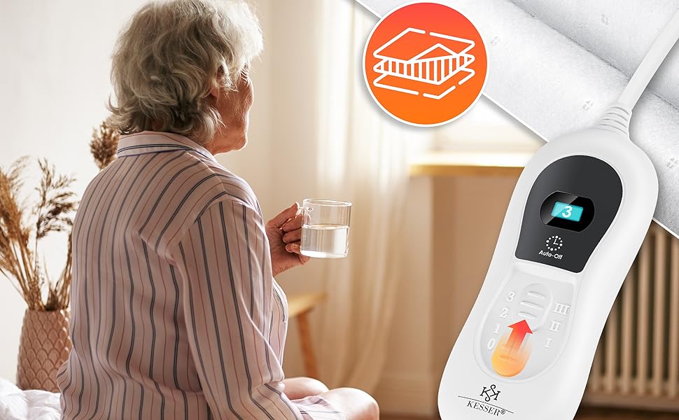 Електрична ковдра KESSER® з автовимкненням та пультом керування | Ковдра з 3 рівнями нагріву | Підігрівач для ліжка, матрацу | Тепла ковдра з м'якого флісу, білий колір - без візерунка (160 x 140 см)