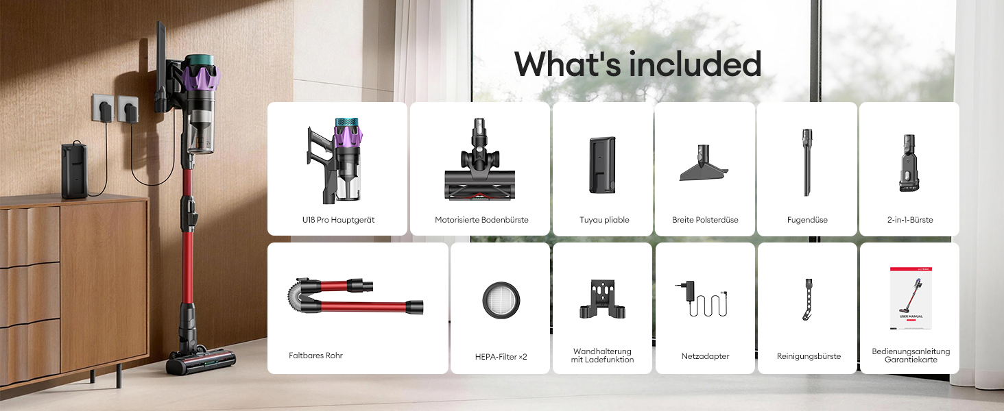 Бездротовий акумуляторний пилосос Ultenic 55000Pa/600W, 80хв, 1.6л, з Multi-Циклон фільтрацією, сенсорним екраном, антизаплутана щітка, док-станція, для шерсті тварин/килимів/твердих підлог, червоний