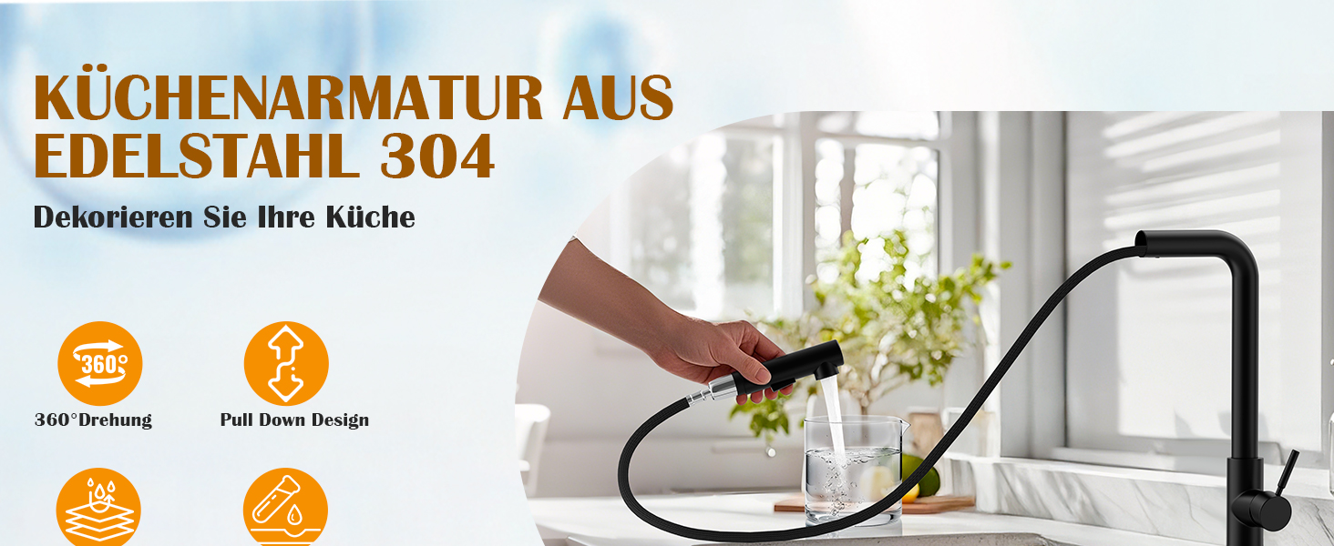 Змішувач кухонний водяний чорний, висувний з душем, 360° поворотний, 2 режими розпилення, для кухні, нержавіюча сталь