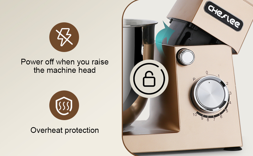 Кухонна машина Cheflee 1500W з місткими чашами з нержавіючої сталі (4.5L, 5.5L) та 10+ швидкостей, набір насадок (міксер, гак для тіста, вінчик, захист від бризок) (Золота)