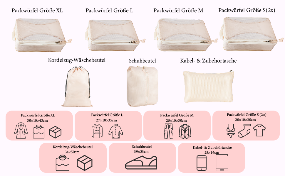 Органайзер для валізи KiwiPower, 8 шт. – комплект кубів для компресії, водонепроникні сумки для одягу для подорожей, ручної поклажі та рюкзаків (Бежевий)