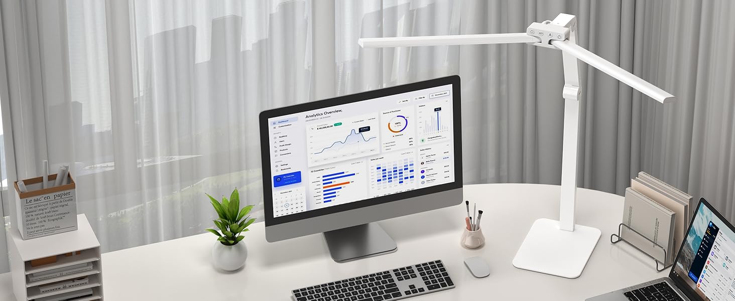 LED настільна лампа KableRika з двома головками: 24W, регулювання яскравості, захист очей, для офісу та дому, сучасне освітлення монітора, білий колір