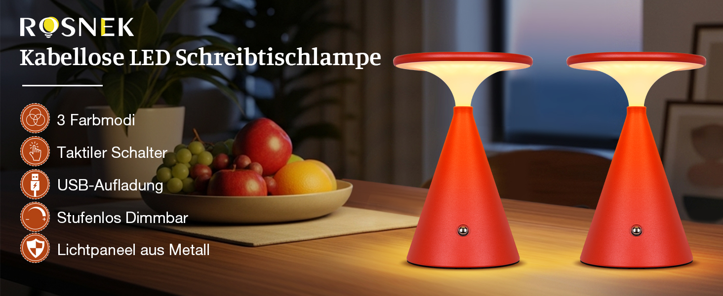 Настільна LED лампа акумуляторна бездротова, 4000mAh, димується, сенсорна, 3 кольори, для дому та вулиці, 2 в упаковці (Червона)