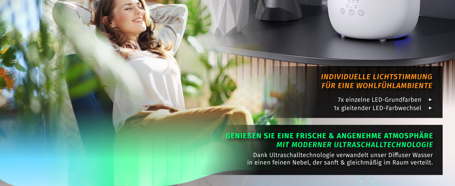 Зволожувач повітря Brandson з пультом керування, 2.2 л, LED-підсвітка, таймер, тиха робота, LED-індикатори, для вітальні, дитячої кімнати, спальні