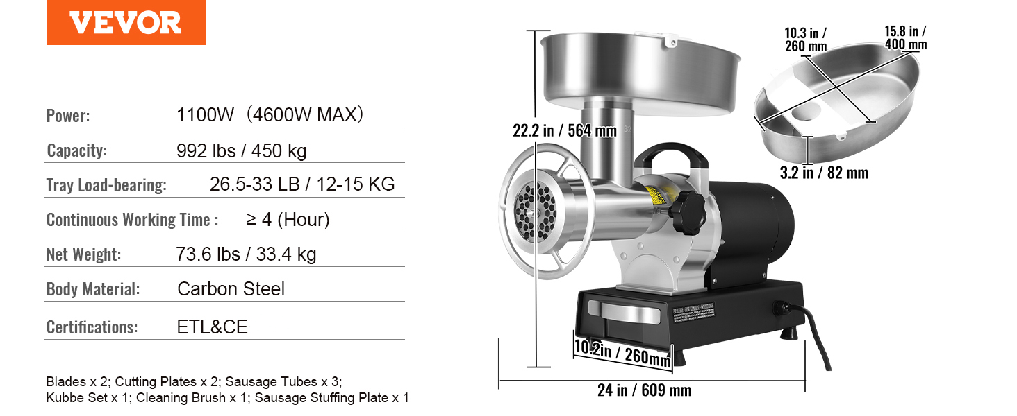 Електрична машина для фаршу та ковбас VEVOR 1100W, 450 кг/год, з нержавіючої сталі