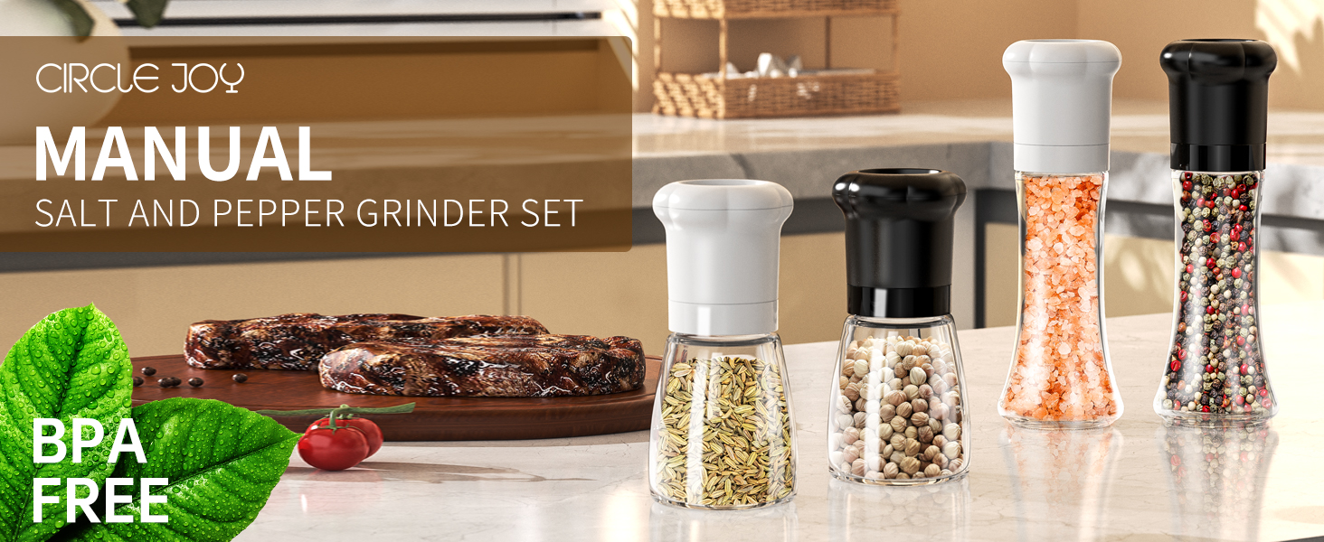 Набір ручних мельниць для солі та перцю CIRCLE JOY - ідеальний вибір для професійних кухарів. Мельниці з керамічними лезами, регульована ступінь подрібнення, скляні контейнери 180 мл, BPA-free, чорно-білий дизайн.