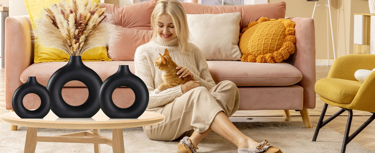 Набір ваз для квітів - 2 шт. з кераміки, білі, для декору будинку, сухоцвітів, Pampas grass, подарунок, малі та середні розміри (чорний)