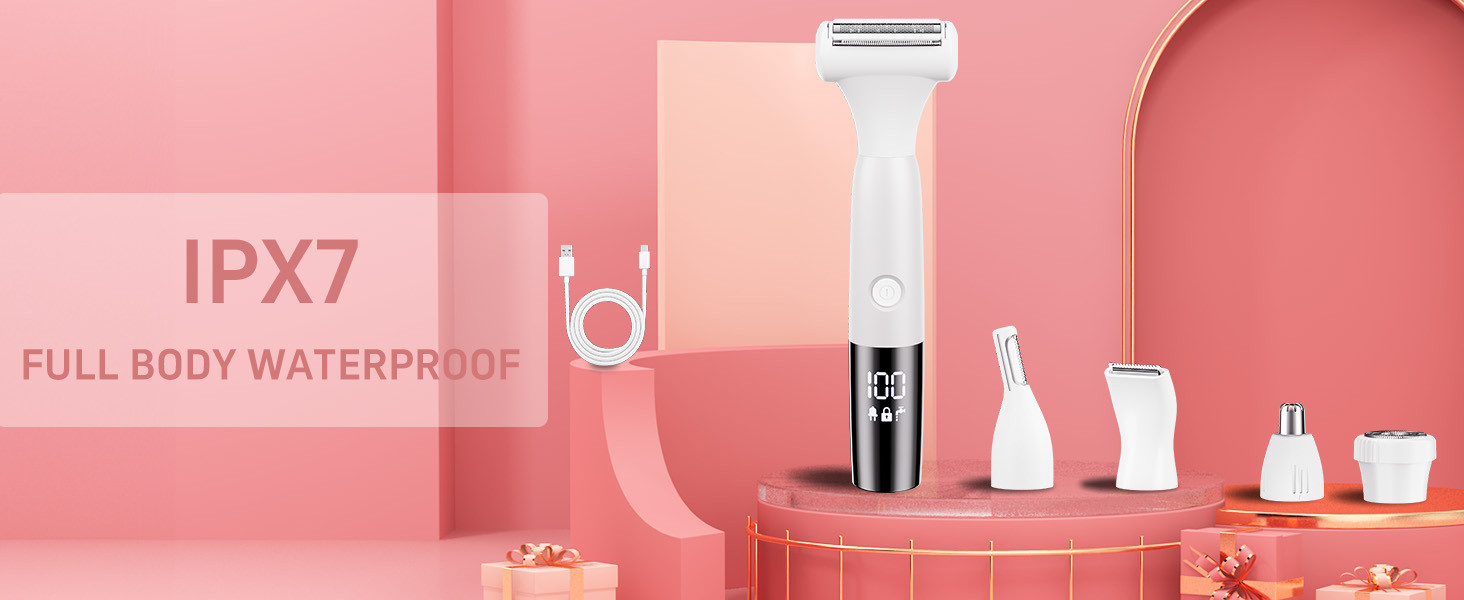 Електричний жіночий гірчак для інтимної зони 5-в-1 - для тіла, бікіні, брів та носа, IPX7, вологостійкий, білий