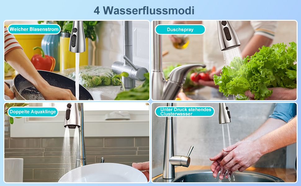 Кухонний змішувач SREWOHS PRO з висувним виливом, 360° обертання, 4 режими розпилення, однорегуляторний, високий вилив, ABS-розпилювач для кухонної мийки, проста установка