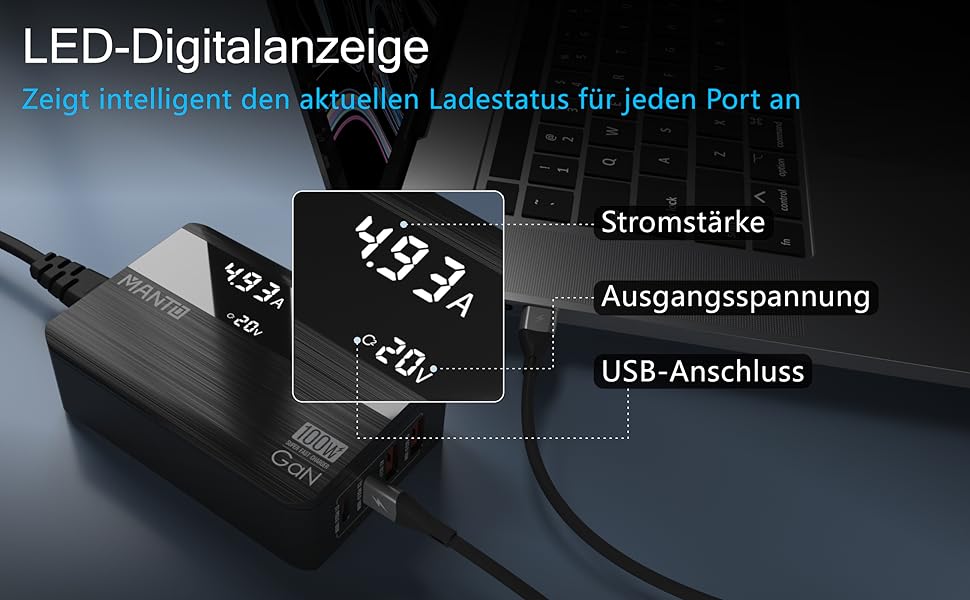 Зарядний пристрій MANTO 100W GaN USB-C з LED-дисплеєм, 4 порти (2x Type-C, 2x Type-A), PD 3.0, QC 3.0, для MacBook, iPhone, iPad, Samsung, ноутбуків