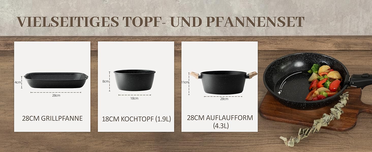 Набір посуду керамічний 23 предмети з антипригарним покриттям та знімними ручками, чорний. Підходить для всіх типів плит, включаючи індукційні. Сковороди 20/26 см, каструля 18 см, сотейник 24 см, жароміцний.