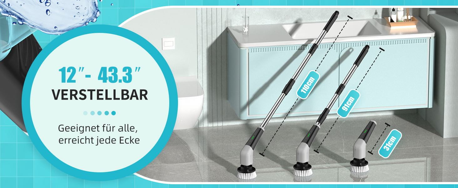 Електрична щітка для прибирання YKYI, Spin Scrubber з 8 насадок, водонепроникна IPX7, для ванної, підлоги, кухні, білий (сірий)