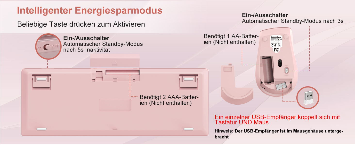 Leadsail FA98 Бездротова Механічна Клавіатура та Миша, 98 Клавіш, QWERTY, Рожевий Колір, 1600 DPI для PC, MacOS, Windows