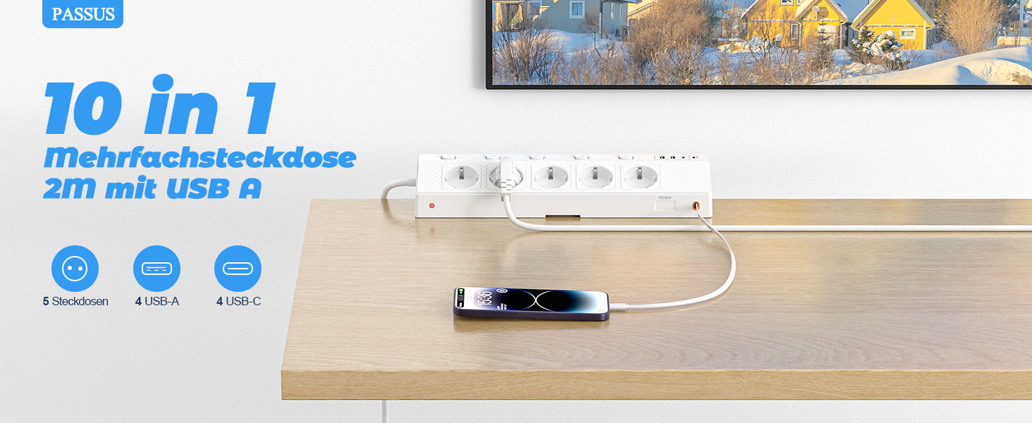Мережевий адаптер PASSUS 5-fach з 2 USB-C (PD 30W), захист від перенапруги, індивідуальне вмикання, 10-в-1, кабель 2м, чорний