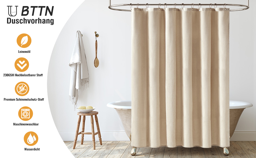 Тканинна шторка для душу BTTN, бежева, 180x200 см, текстура льону, антигрибкова, пральна, з 12 гачками, водонепроникна, з декоративним обтяженням, для ванни, кремового кольору, 1 шт.