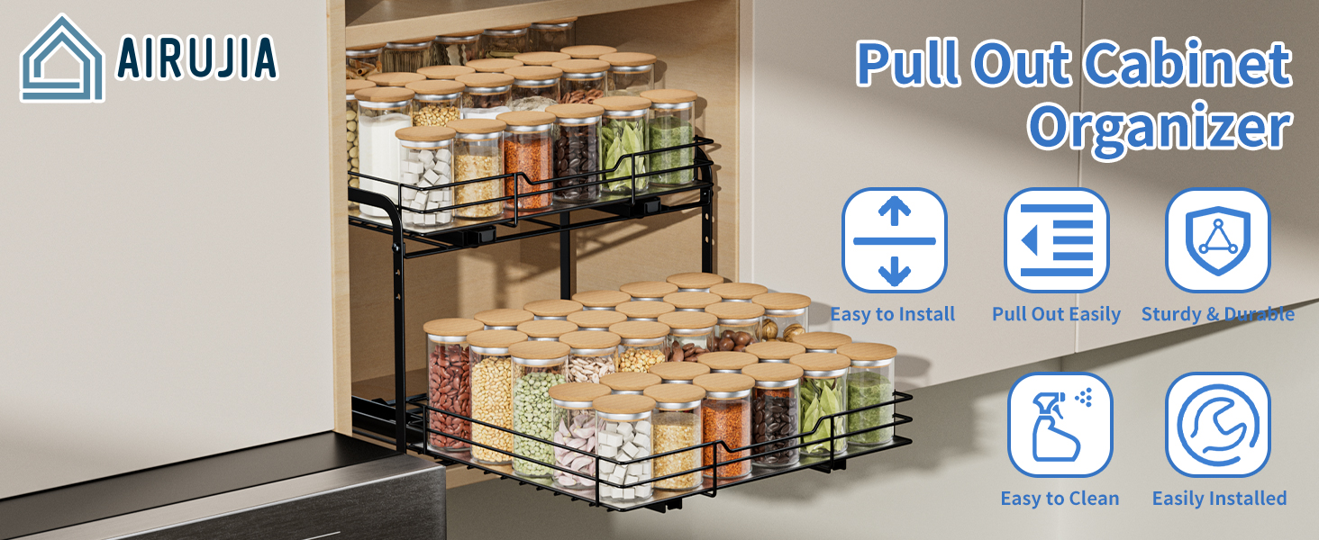 AIRUJIA Pull-Out Spice Rack, 2-Tier Dish Cabinet Organizer, Spice Rack Cabinet, Spice Rack, Lift-Up Bathroom Sink Shelf, Spice Organizer for Kitchen, L26.4*W23.2*H23CM