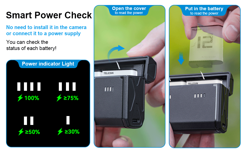 Зарядний пристрій для GoPro Hero 12/11/10/9 від Telesin: 3 слоти, 2 слоти TF-картки, портативний, з індикатором заряду