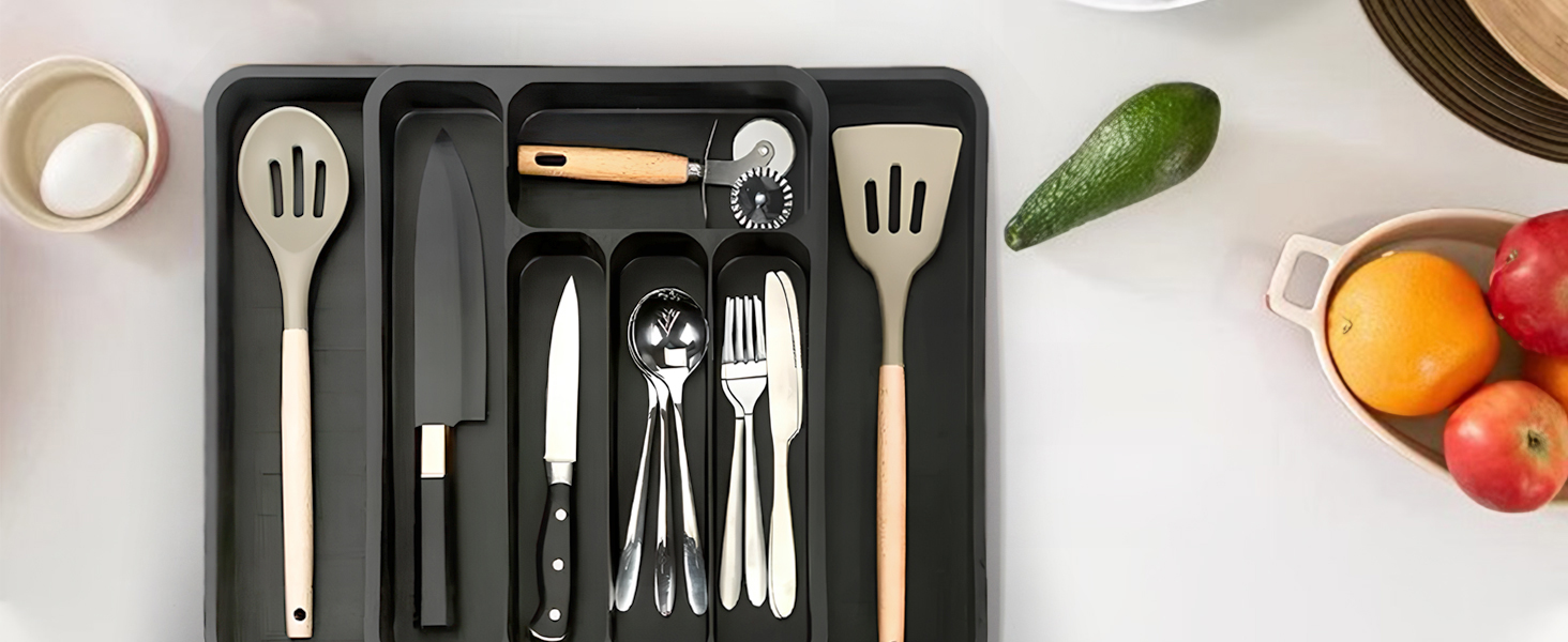 Органайзер для столових приборів в шухляду (28-47.5 см, XXL, чорний) - Розсувний лоток для ложок, виделок, ножів