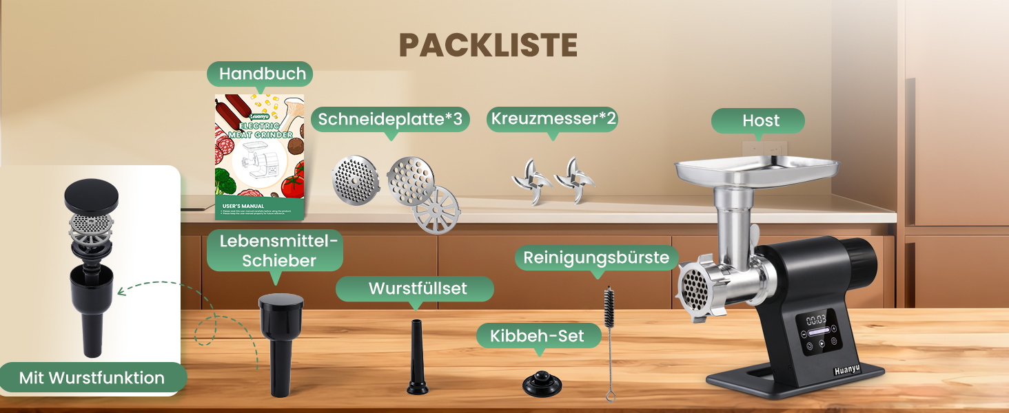 М'ясорубка електрична Huanyu 2000 Вт з сенсорним керуванням, багатофункціональна з 2 ножами та 3 дисками