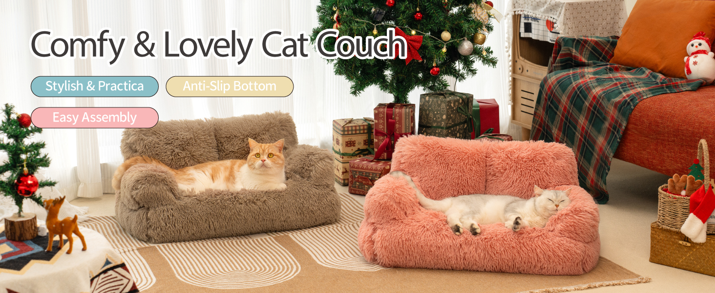 MEWOOFUN Stylish Cat Bed Cat Sofa Fluffy - 76x45cm Large Cat Bed Plush Cat Couch for Small Dogs and Cats Removable and Washable (brown)