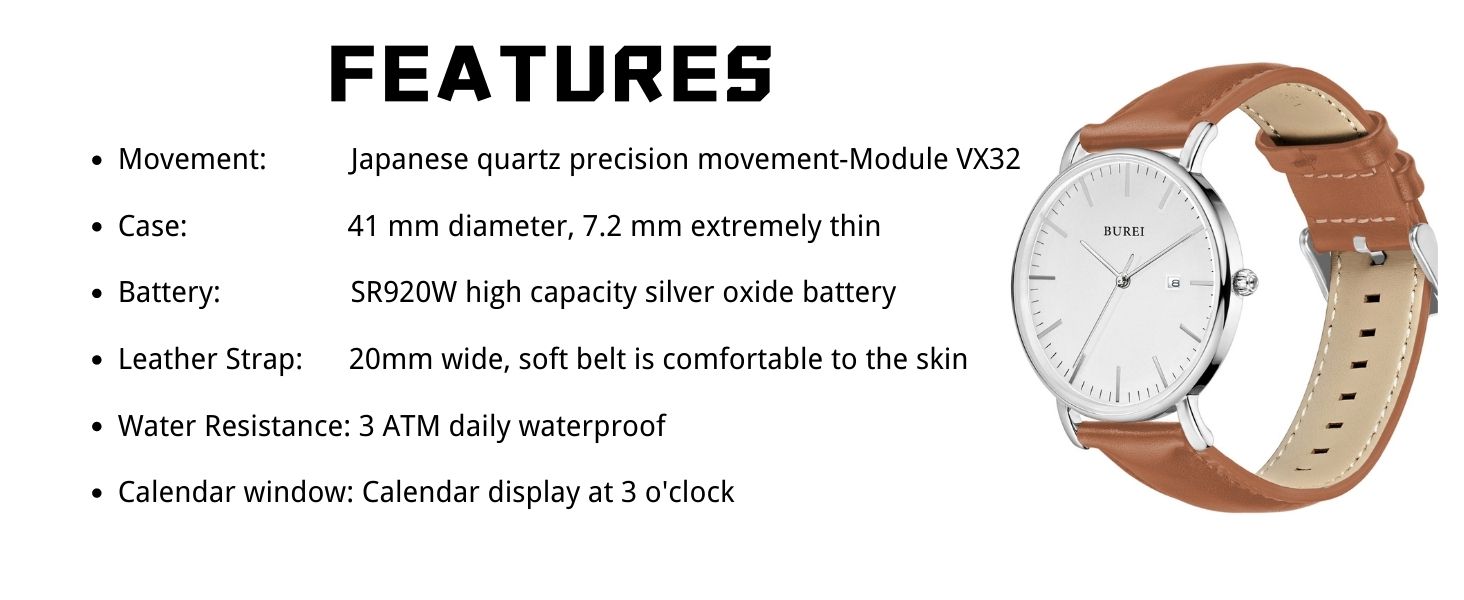Годинник чоловічий BUREI Ultra тонкий аналоговий з датою, кварцовий механізм Japan, подарунок для чоловіків (срібло, шкіряний ремінець)