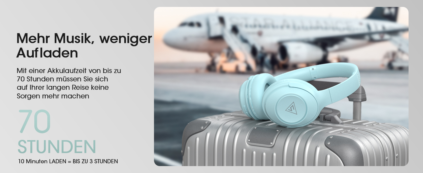 Бездротові навушники DOQAUS Bluetooth з тривалим часом роботи (70 годин), Over-Ear, Bluetooth 5.4, з кабелем, 3 режими EQ, HiFi стерео для подорожей/телефону/ПК (блакитні)