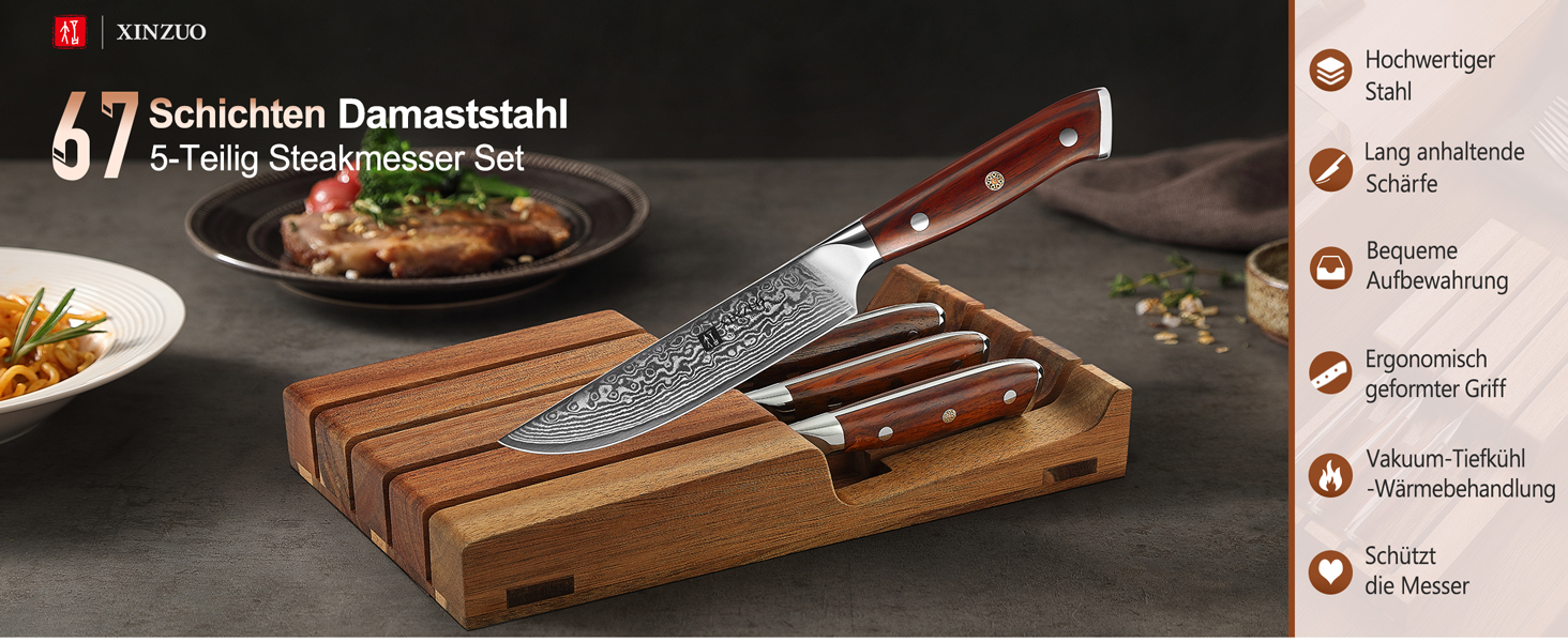 XINZUO Damascus Chef's Knife Set - 67 Layer High Carbon Steel, Professional Gyuto Knife with Rosewood Handle (5-Piece Steak Knife Set)