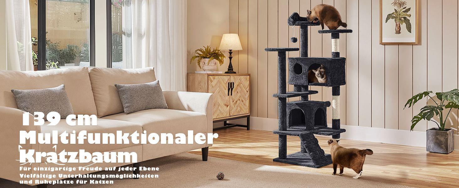 Кігтеточка-кольоротка Yaheetech 139 см, стабільна з 3 платформами, 3 стовпчиками, 2 печерами, плюшеві кульки, чорний колір