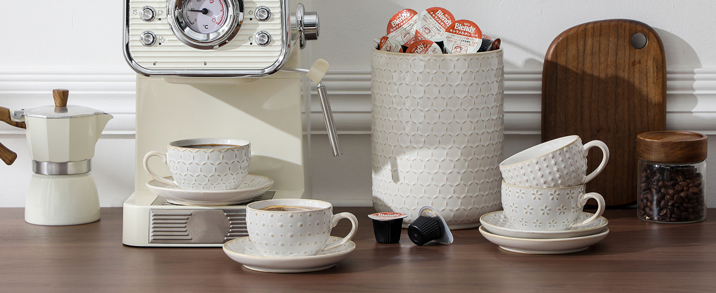 Набір кавових чашок MALACASA з блюдцем, 8 шт. (4 персони), кавовий сервіз з порцеляни, об'єм 180 мл, для кави, чаю, десертів, бежевий