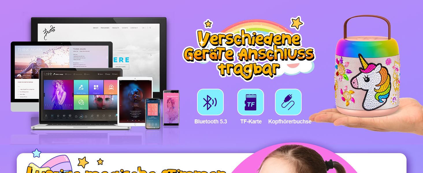 Караоке машина для дітей з 2 мікрофонами, рожева, єдиноріг, 3-12 років