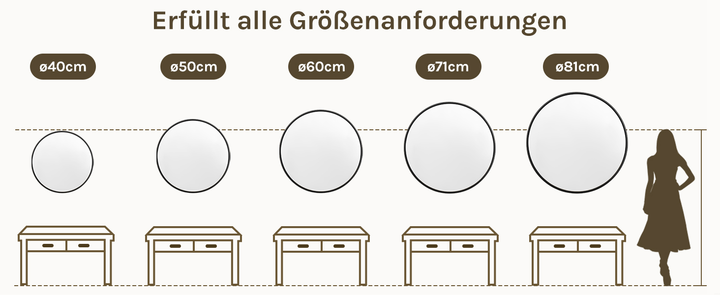 Круглий настінний дзеркало WOLTU 40 см з рамою, сучасний декор для ванної, спальні, вітальні, коридору, декоративне дзеркало для макіяжу зі скла, металу та MDF, з гачком (71L x 71B см, Чорний)