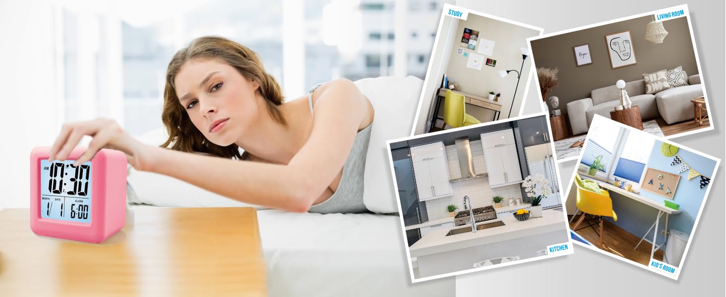 Цифровий туристичний годинник Plumeet з будильником, софт-нічником та великим дисплеєм, рожевий