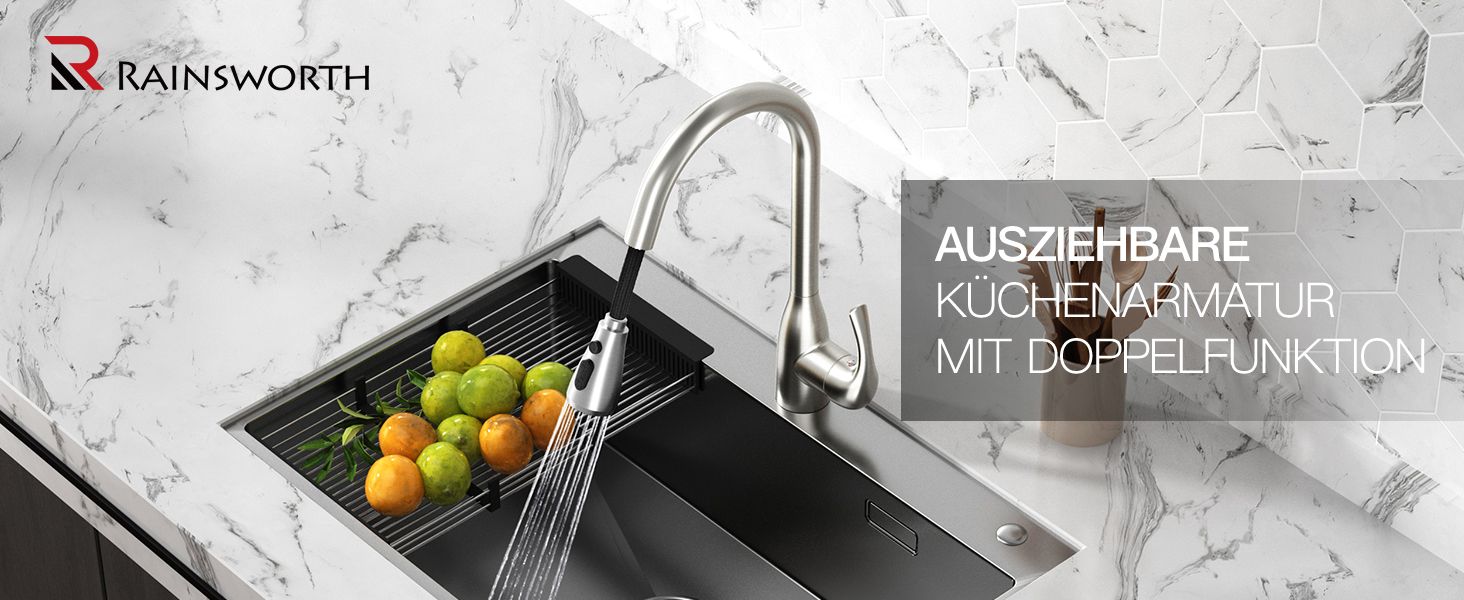 Кухонний змішувач Rainsworth з висувною лійкою та душем, високопродуктивний, з двома типами струменя, поворотний на 360°, з нержавіючої сталі, проста установка, висота 56 см