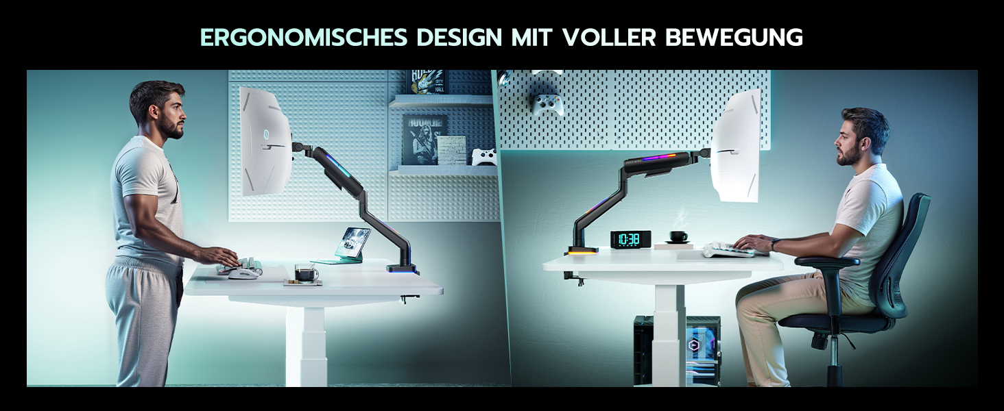 Кріплення для монітора ARES WING RGB - тримач для ігрового монітора, 17-49 дюймів, підходить для важких (20 кг) та вигнутих моніторів, регульована висота, чорний