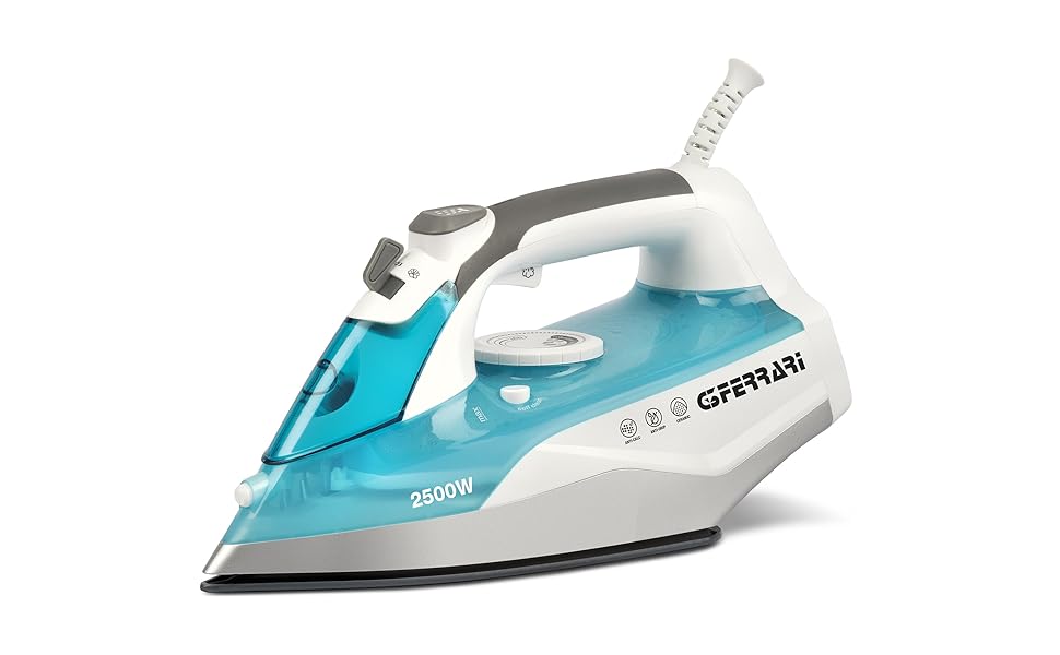 Праска відпарювач G3 Ferrari Ermes, 2500 Вт, керамічна підошва, 340 cc, 150 г/хв, самоочищення, захист від накипу та протікання, 51 мікроотвір, білий/світло-блакитний