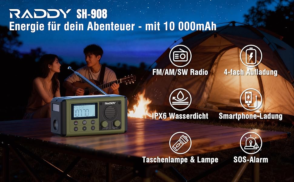 Радіо Raddy SH-908 з ручним приводом, сонячною та USB-підзарядкою, IPX6, AM/FM/SW, SOS, компас, ліхтарик, телефонний зарядний пристрій для кемпінгу та надзвичайних ситуацій