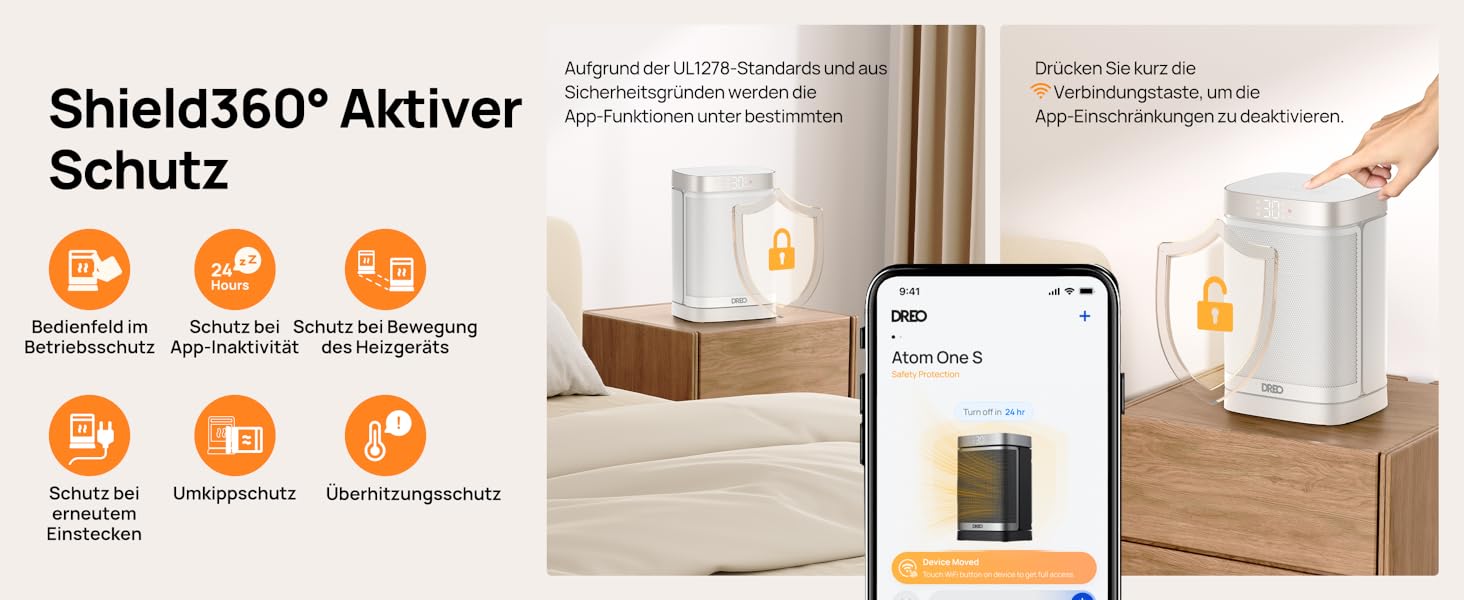 Обігрівач Dreo Atom One S: енергоефективний, тихий, 1500W з Wi-Fi, пультом ДУ, осциляцією 70°, 12-годинний таймер, 3 режими, 3 швидкості, PTC кераміка, білий