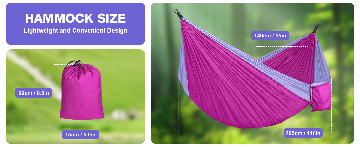 Гамак дорожній подвійний 295x140 см, рожево-ліловий, вантажопідйомність 350 кг - з карабінами та ременями для кріплення
